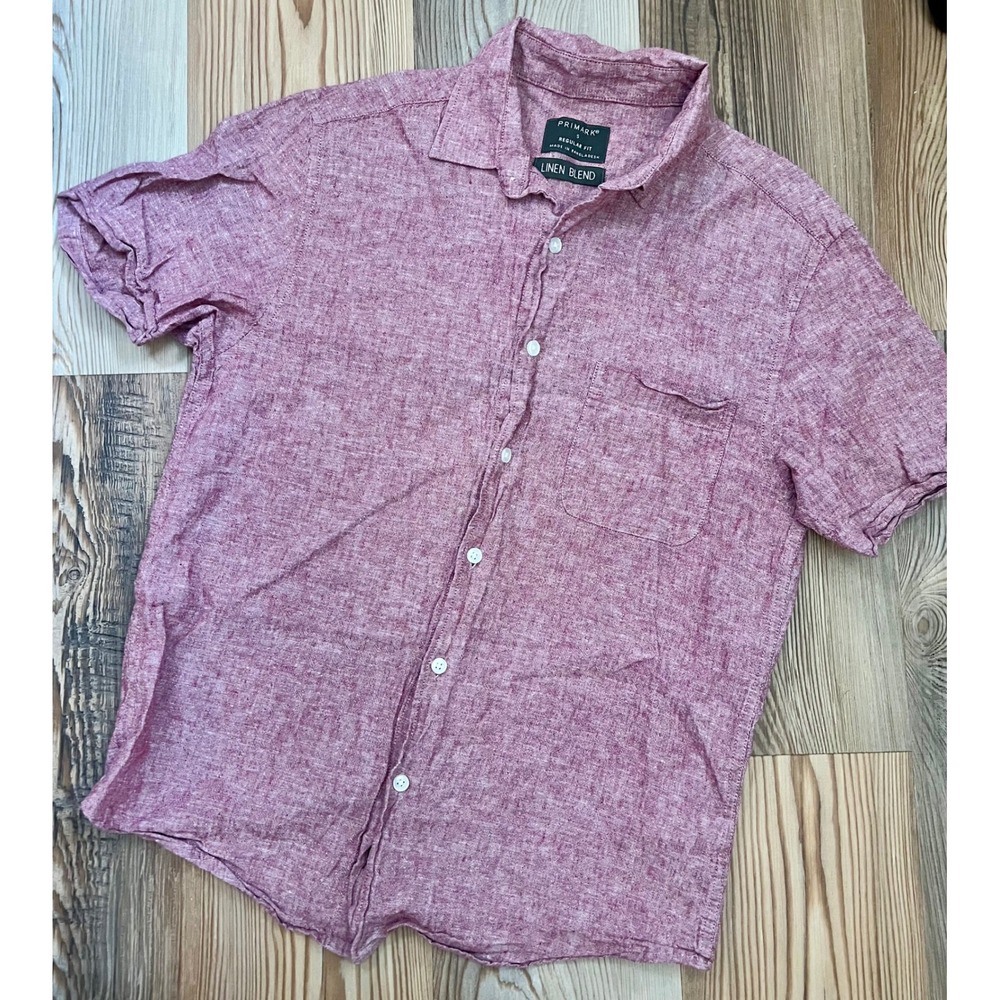 Primark Mens Small Linen Blend Short Sleeve Button Down Burgundy Quiet Luxury